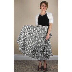 50s Print Skirt White Black Full Circle Vintage XS